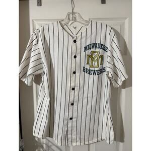 Vintage Milwaukee Brewers Pinstripe Baseball Jersey Shirt Sz L Off The Bench